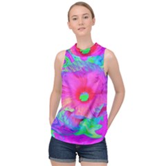 Psychedelic Pink And Red Hibiscus Flower High Neck Satin Top