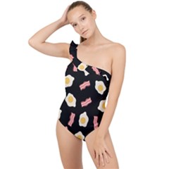 Bacon And Egg Pop Art Pattern Frilly One Shoulder Swimsuit by Valentinaart