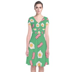 Bacon And Egg Pop Art Pattern Short Sleeve Front Wrap Dress by Valentinaart