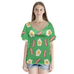 Bacon and Egg Pop Art Pattern V-Neck Flutter Sleeve Top