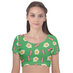 Bacon And Egg Pop Art Pattern Velvet Short Sleeve Crop Top  by Valentinaart