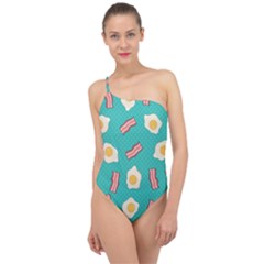 Bacon And Egg Pop Art Pattern Classic One Shoulder Swimsuit by Valentinaart