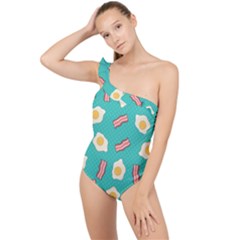 Bacon And Egg Pop Art Pattern Frilly One Shoulder Swimsuit by Valentinaart