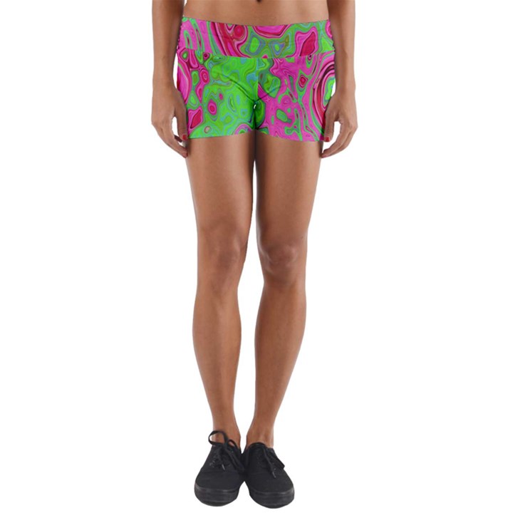 Groovy Abstract Green And Red Lava Liquid Swirl Yoga Shorts