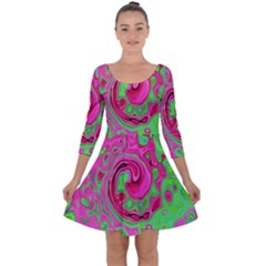 Groovy Abstract Green And Red Lava Liquid Swirl Quarter Sleeve Skater Dress by myrubiogarden