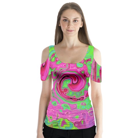 Groovy Abstract Green And Red Lava Liquid Swirl Butterfly Sleeve Cutout Tee  by myrubiogarden