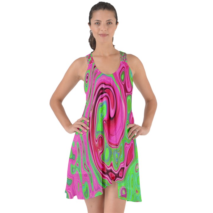 Groovy Abstract Green And Red Lava Liquid Swirl Show Some Back Chiffon Dress