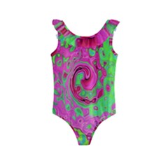 Groovy Abstract Green And Red Lava Liquid Swirl Kids  Frill Swimsuit by myrubiogarden