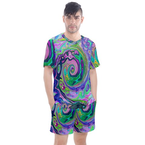 Groovy Abstract Aqua And Navy Lava Liquid Swirl Men s Mesh Tee And Shorts Set by myrubiogarden