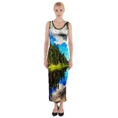 Color Lake Mountain Painting Fitted Maxi Dress