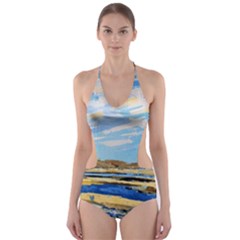 The Landscape Water Blue Painting Cut-out One Piece Swimsuit by Pakrebo