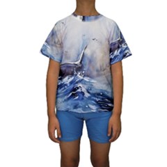 Art Painting Sea Storm Seagull Kids  Short Sleeve Swimwear