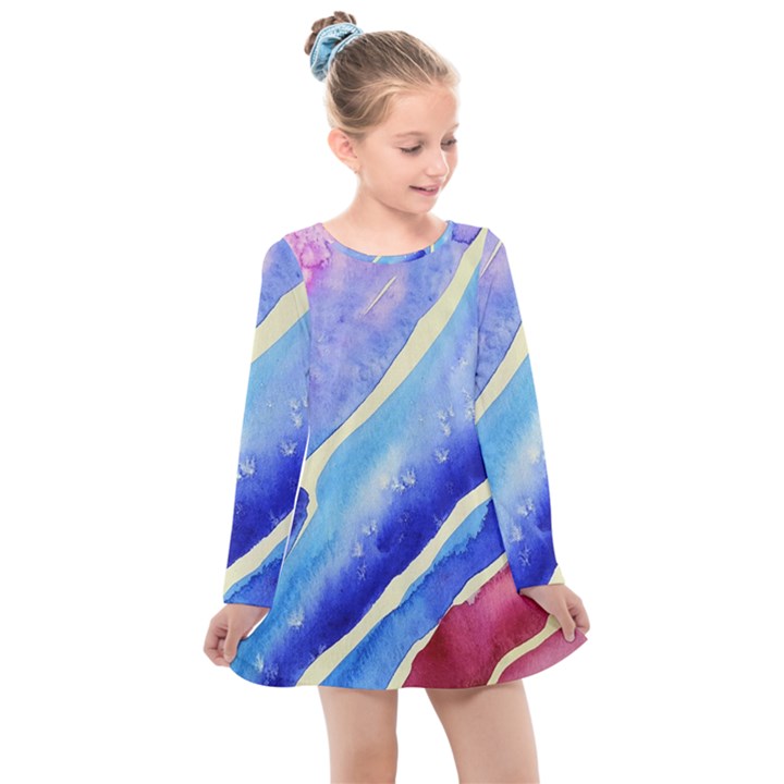 Painting Abstract Blue Pink Spots Kids  Long Sleeve Dress