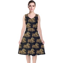 Dragon Motif Print Pattern V-neck Midi Sleeveless Dress  by dflcprintsclothing