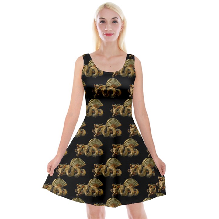 Dragon Motif Print Pattern Reversible Velvet Sleeveless Dress