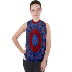 Mandala Pattern Round Ethnic Mock Neck Chiffon Sleeveless Top