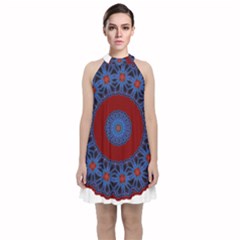 Mandala Pattern Round Ethnic Velvet Halter Neckline Dress 