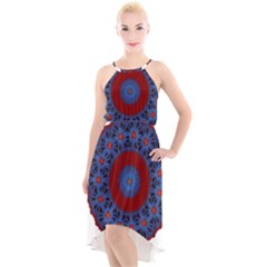 Mandala Pattern Round Ethnic High-Low Halter Chiffon Dress 