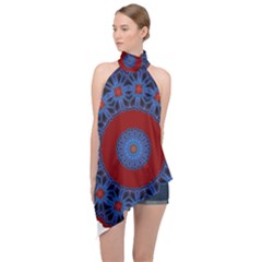 Mandala Pattern Round Ethnic Halter Asymmetric Satin Top