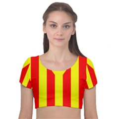 Red Estelada Catalan Independence Flag Velvet Short Sleeve Crop Top 