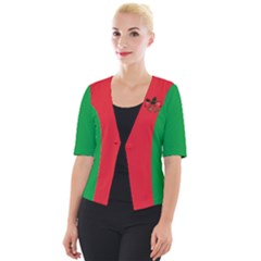 Red And Green Ugly Xmas Cropped Button Cardigan With Golden Christmas Bells Decorations Arrangement And Red Ribbon by cglightNingART