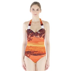 Field Sunset Orange Sky Land Halter Swimsuit by Pakrebo
