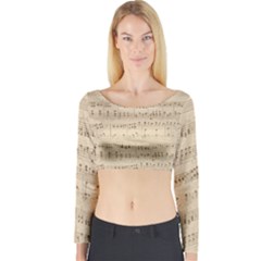 Vintage Beige Music Notes Long Sleeve Crop Top by Pakrebo