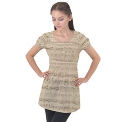 Vintage Beige Music Notes Puff Sleeve Tunic Top by Pakrebo