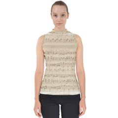 Vintage Beige Music Notes Mock Neck Shell Top by Pakrebo