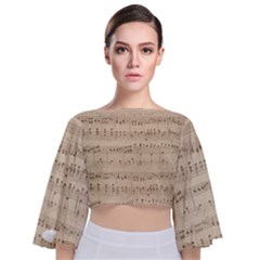 Vintage Beige Music Notes Tie Back Butterfly Sleeve Chiffon Top by Pakrebo