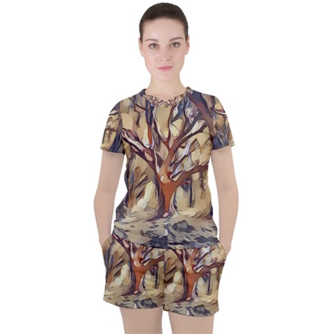 Tree Forest Woods Nature Landscape Women s Tee And Shorts Set by Pakrebo