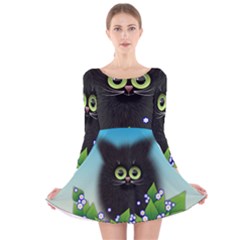 Kitten Black Furry Illustration Long Sleeve Velvet Skater Dress by Pakrebo