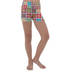 Tiles Pattern Background Colorful Kids  Lightweight Velour Yoga Shorts by Pakrebo