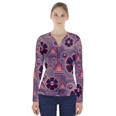 Background Floral Flower Stylised V-neck Long Sleeve Top by Pakrebo