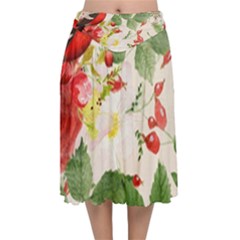 Christmas Bird Floral Berry Velvet Flared Midi Skirt by Pakrebo