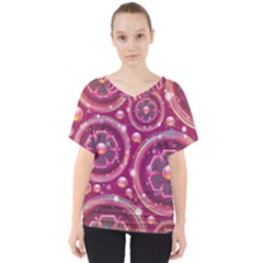 Abstract Background Floral Glossy V-neck Dolman Drape Top