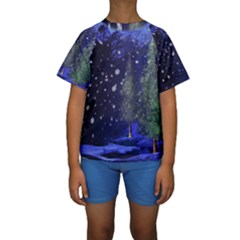 Winter Wonderland Night Snow Kids  Short Sleeve Swimwear