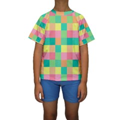 Checkerboard Pastel Squares Kids  Short Sleeve Swimwear