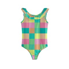 Checkerboard Pastel Squares Kids  Frill Swimsuit by Pakrebo