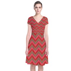 Background Retro Red Zigzag Short Sleeve Front Wrap Dress