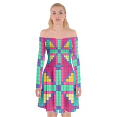 Checkerboard Squares Abstract Off Shoulder Skater Dress by Pakrebo