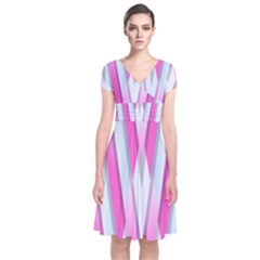 Geometric 3d Design Pattern Pink Short Sleeve Front Wrap Dress