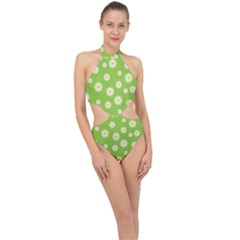 Daisy Flowers Floral Wallpaper Halter Side Cut Swimsuit by Pakrebo