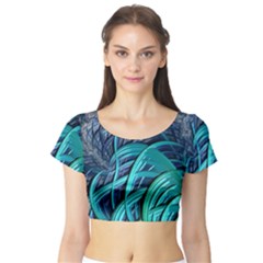 Oceanic Fractal Turquoise Blue Short Sleeve Crop Top