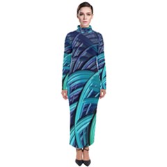 Oceanic Fractal Turquoise Blue Turtleneck Maxi Dress by Pakrebo