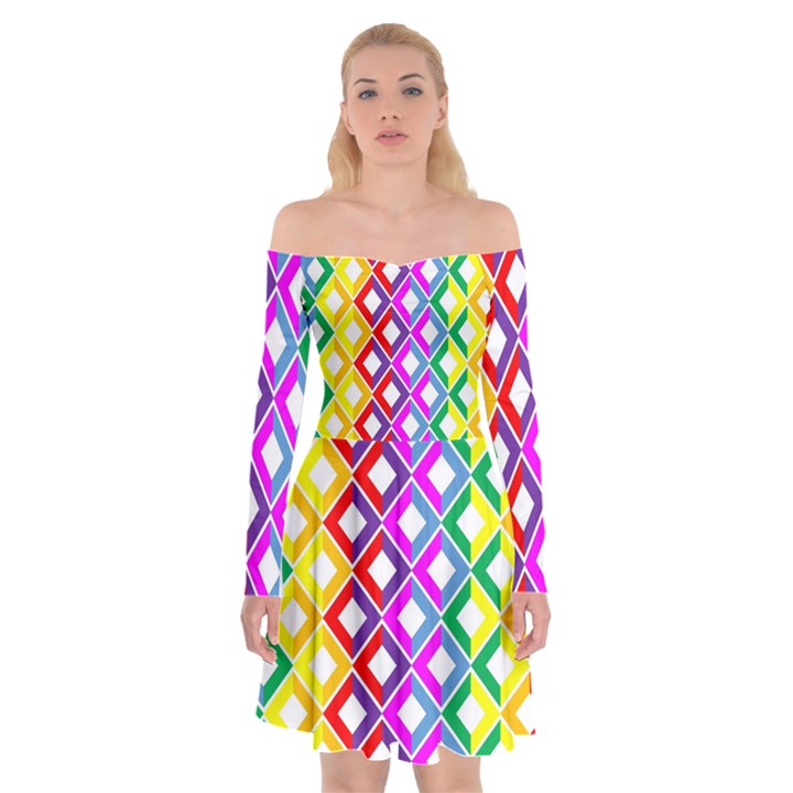 Rainbow Colors Chevron Design Off Shoulder Skater Dress