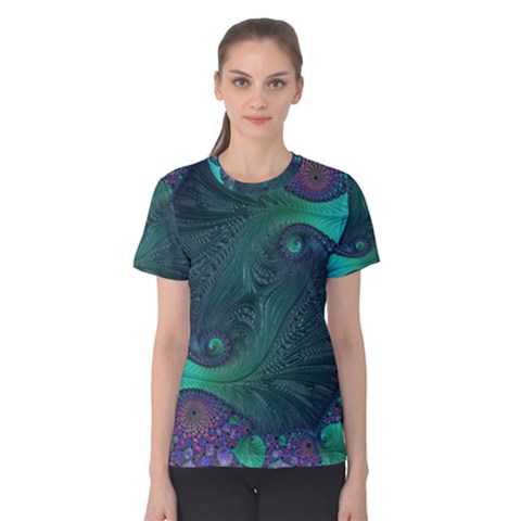 Ocean Green Sea Blue Fractal Art Women s Cotton Tee by Pakrebo