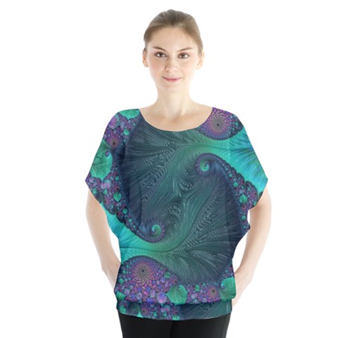 Ocean Green Sea Blue Fractal Art Batwing Chiffon Blouse by Pakrebo