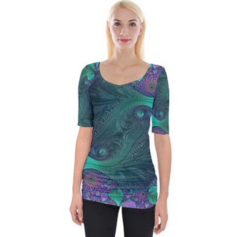 Ocean Green Sea Blue Fractal Art Wide Neckline Tee by Pakrebo