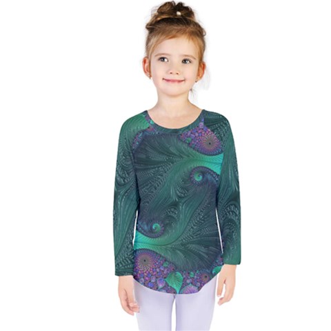 Ocean Green Sea Blue Fractal Art Kids  Long Sleeve Tee by Pakrebo